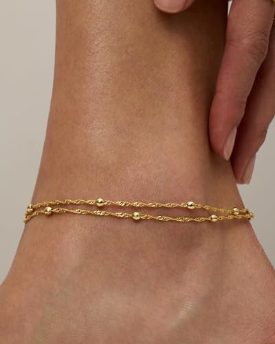 PAVOI 14K Gold Plated Anklet for Women - Trendy Link Chain Ankle Bracelet Summer Jewelry - Boho Dainty Anklets with Cubic Zirconia, Beaded, Evil Eye, Star, Station, Pearls Adjustable Gold Jewelry - style: Beaded
