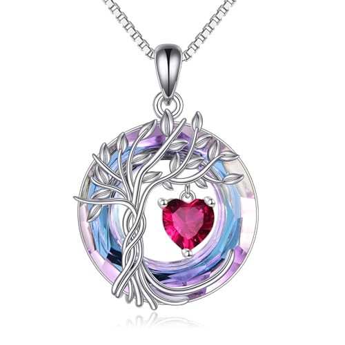 POPLYKE Mothers Day Gifts for Mom Her Wife Tree of Life Necklace 925 Sterling Silver Birthstone Pendant with Crystal Anniversary Birthday Wedding Jewelry for Women - color: 07-Jul-Ruby, style: White Gold Plated-Amethyst Crystal