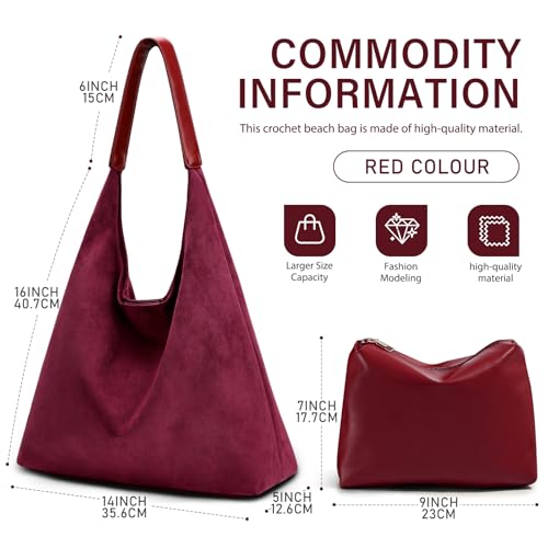 2-Piece Vegan Leather Purse Set for Women: Slouchy Hobo Shoulder Bag & Suede Tote Bag - color: Red