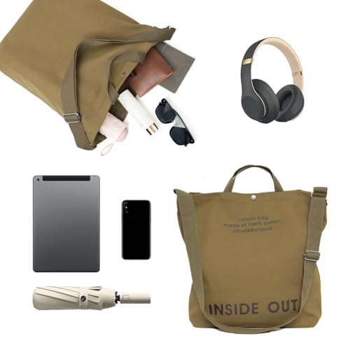 Canvas Tote Bag For Women inside out bag Crossbody Handbag with Adjustable Strap and Coin Purse for Work,Travel,Grocery - color: Khaki