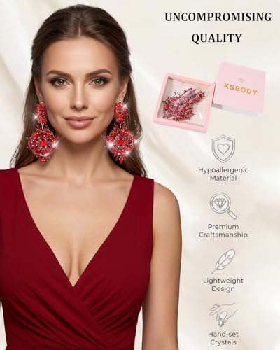 Silver Chandelier Earrings for Women Trendy, Oversized Big Crystal Rhinestone Statement Earrings Dangling Formal Pageant Earings Drag Queen Jewelry - color: Red