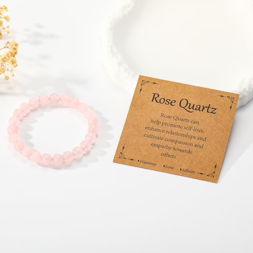 Gnamy Healing Crystal Bracelet for Women, Natural Stone Beaded Healing Crystal Bracelet Triple Protection Stress Relief Beads Jewelry Birthday Gifts Jewelry for Her - style: Rose Quartz