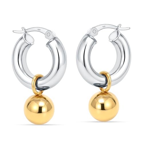 LeCalla 925 Sterling Silver Beaded Ball Hoop Earrings | Lightweight Sleeper Bead Ball Earring Hoops | Cape Style Hoop Earrings for Women - color: Gold-Plated 10mm Ball Dangle