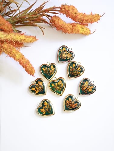Handmade Dried Pressed Flower Heart Shaped Photo Locket Pendant Necklace - color: Gold, style: Orange Flower on Green