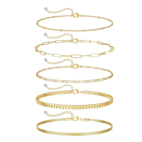 Dearmay Gold Bracelets for Women Waterproof, 14K Gold Plated Minimalist Bracelets Stack Non Tarnish Trendy Dainty Herringbone Vintage Cuban Paperclip Rope Thin Box Link Chain Stackable Jewelry Sets Modern Fashion Accessories Gifts for Womens - style: 5Pcs