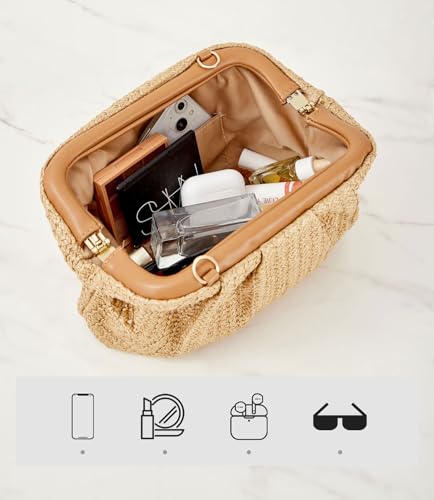 Huralona Women Straw Woven Clutch Purse Pleated Handbag for Summer Beach Vacation Straw Shoulder Crossbody Bag - color: Khaki