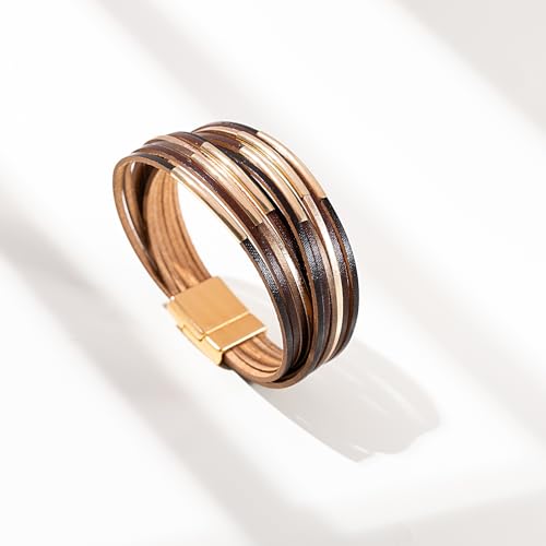 FANCY SHINY Boho Leather Bangle Bracelets Stackable Noodle Tube Bracelets Layered Wrap Cuff Bracelets with Magnetic Clasp - color: Brown