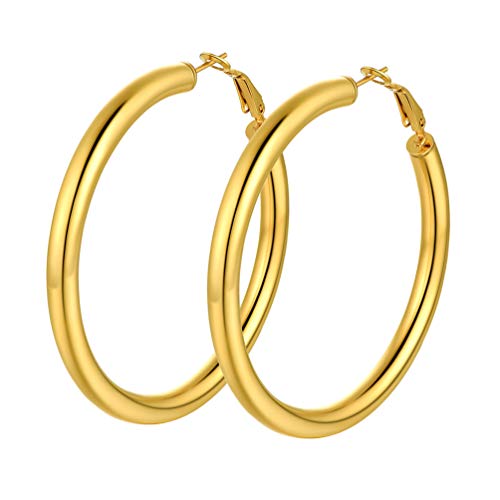 Stainless Steel Chunky Hoop Earrings For Women, Minimalist and Chic, Black/Gold Plated, Round Hoops Earrings Hypoallergenic, Size: 30mm/40mm/60mm/80mm, Come with Box - color: 1. Gold, size: 60MM