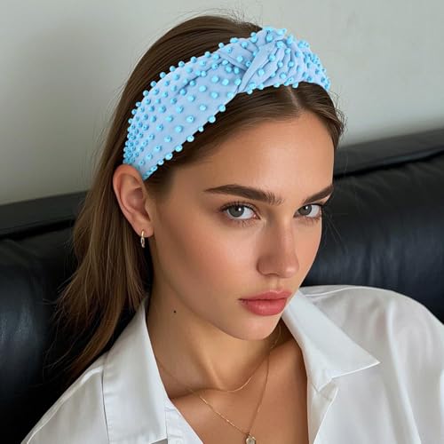 YISSION Light Blue Knotted Headband for Women - Wide Beaded Hair Hoop, Stylish Hair Accessory for Daily Wear, Parties & Casual Outfits - color: Light Blue