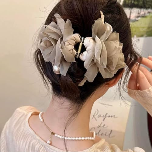 Large Chiffon Rose Flower Hair Claw Clips Boho Mesh Floral Hair Pins Barrettes Strong Hold Non-Slip Beach Vacation Hair Accessories for Women (Light Brown Large Chiffon Claw with Pearl) - color: Light Brown Large Chiffon Claw with Pearl