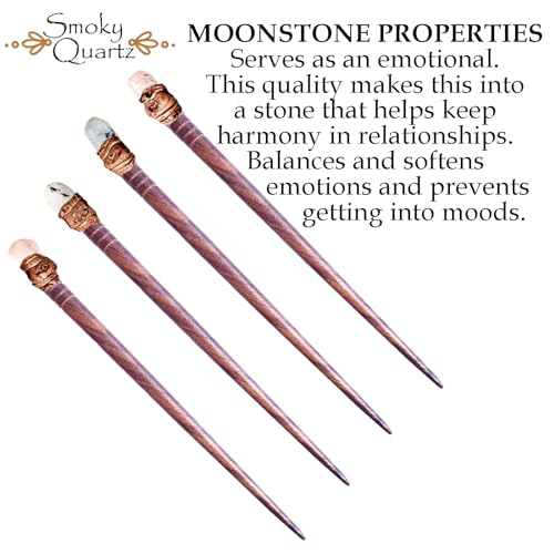 Natural Tumbled Healing Gemstone Crystal Wooden Hair Stick Handmade Gifts Boho Reiki by Smoky Quartz (Moonstone) - color: Moonstone