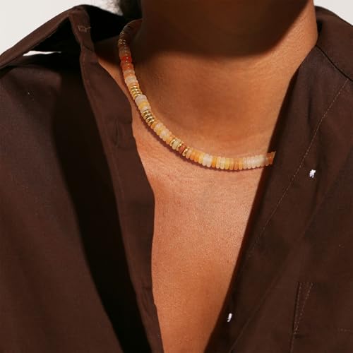 KissYan Boho Beaded Choker Necklace for Women, Gemstone Choker Natural Stone Freshwater Pearl Surfer Necklaces 14K Gold Plated Summer Beach Handmade Jewelry - color: O-Light Orange