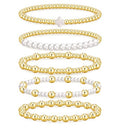 Gold Beaded Bracelets for Women, 14K Real Gold Plated Jewelry for Women Dainty Pearl Bead Bracelets Stack, Non Tarnish Trendy Stackable Ball Cross Stretch Bracelet Set Fashion Accessories Gifts - color: Gold white cross bead
