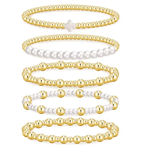Gold Beaded Bracelets for Women, 14K Real Gold Plated Jewelry for Women Dainty Pearl Bead Bracelets Stack, Non Tarnish Trendy Stackable Ball Cross Stretch Bracelet Set Fashion Accessories Gifts - color: Gold white cross bead