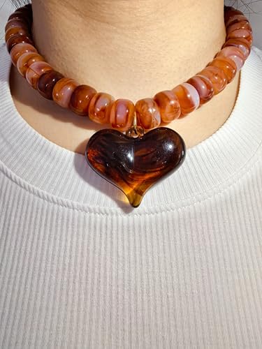 Chunky Colorful Beaded Statement Boho Summer Beach Chokers Necklace Heart Pendant Pink Green Yellow Brown Fashion Jewelry - color: brown2