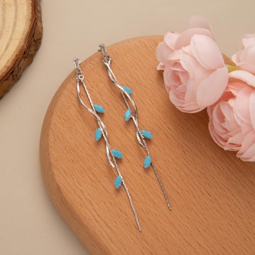 Temperament Long Zircon Tassel Earrings for Women Charm Jewelry Sparkling Crystal Leaves Twist Dangle Earrings for Friends - color: Silver-Bule Leaves