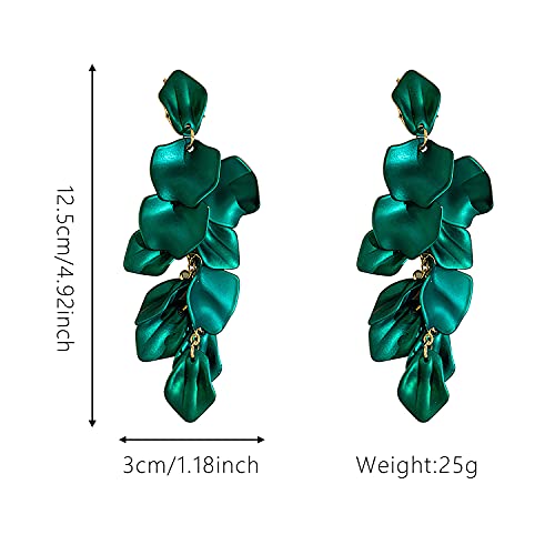 Long Acrylic Rose Petal Earrings Dangle Exaggerated Flower Earrings Drop Statement Floral Tassel Earrings for Women - color: Dark Green