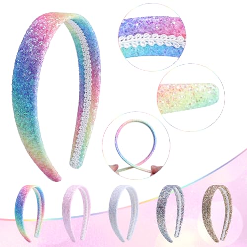Fishdown Headbands for Girls 3 CM Wide, 5 Pack Cute Sparkly Hair Bands for Kids, Rainbow Sequin Girls Headbands for Kids Children Teens Women - color: Color-5
