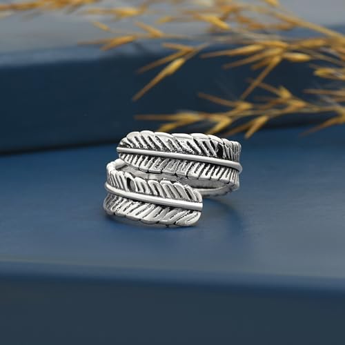 Silver Plated Feather Ring | 925 Silver Adjustable Open Ring | Vintage Leaf Design Inspirational Jewelry for Men & Women | Hypoallergenic Boho Statement Ring - color: Angel Feather Ring