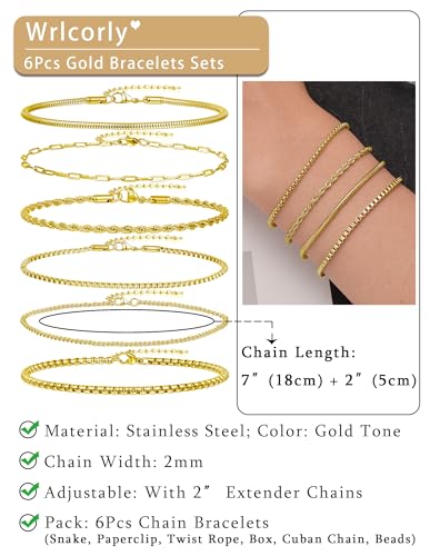 6Pcs Stainless Steel Chain Bracelets for Men Women 2mm Cuban Snake Twists Rope Box Beads Paperclip Link Chain Bracelet Sets Jewelry Gifts 7 Inches Length Adjustable - style: B:6 Gold-Chains