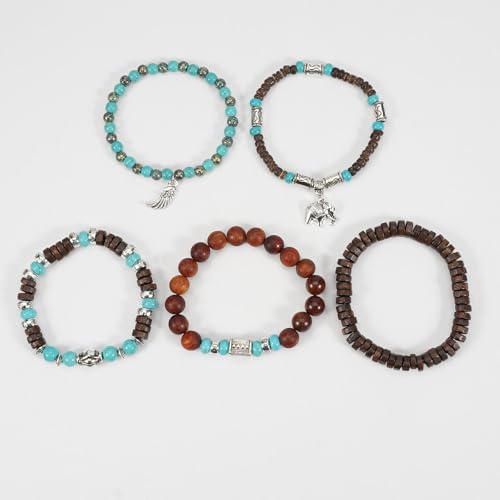 COLORFUL BLING Boho Turquoise Wooden Beaded Stretch Bracelets Stackable Turtle Butterfly Elephant Shell Heart Charms Bracelet for Women Men Western Jewelry Gifts - style: Set 1