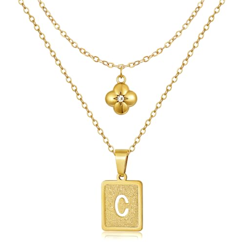KELORIS PATH Layered Initial Necklaces for Women, 18K Gold Plated Stainless Steel Necklaces Set with Dainty Four Leaf Clover Square Cutout Letter Pendant, Fashion Jewelry for Gifts - style: C Letter