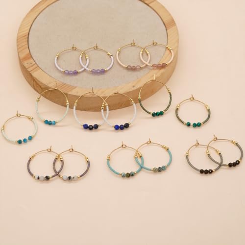 Sonateomber Gold Gemstone Beaded Hoop Earrings for Women, Boho Handmade Seed Beads Huggie Cartilage Hypoallergenic Prom Jewelry Gift