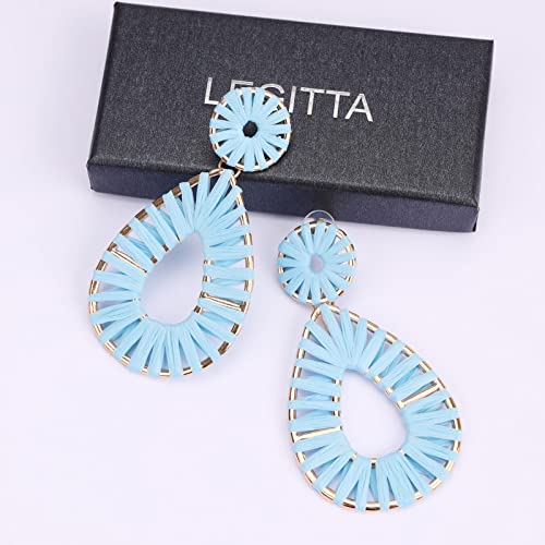Raffia Teardrop Dangle Earrings Handmad Statement Drop Earrings - color: Light Blue