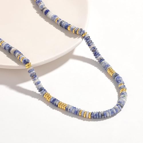 KissYan Boho Beaded Choker Necklace for Women, Gemstone Choker Natural Stone Freshwater Pearl Surfer Necklaces 14K Gold Plated Summer Beach Handmade Jewelry - color: S-Dark Blue