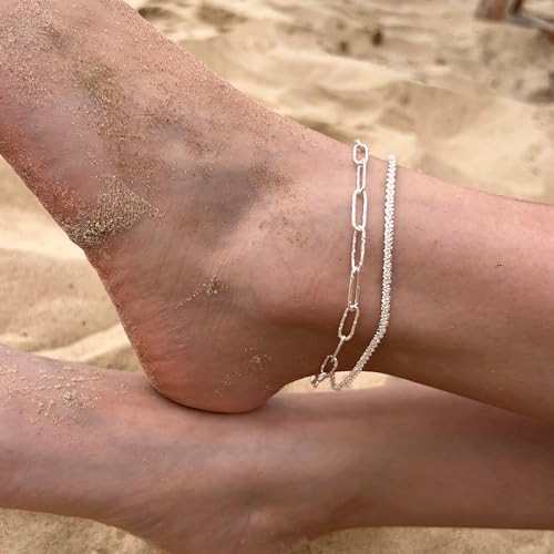 Freekiss Sterling Silver Ankle Bracelets for Women: Dainty Layered Waterproof Anklet for Women Adjustable Womens Anklet Set Stackable Figaro Beaded Cuban Link Anklets Beach Jewelry for Women - color: ANKLET-sparkle glitter+paperclip-SL