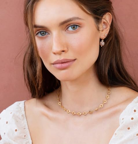 Aobei Pearl 18K Gold Plated Paperclip Chain Choker Satellite Chain Freshwater Cultured Biwa Pearl Pendant Necklace Dainty Turquoise Jewelry for Women - color: 18K Gold Plated Small Round Circle