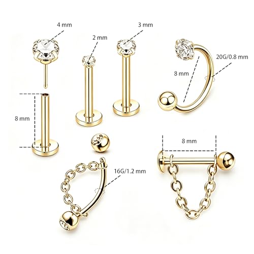 CHARMONLINEVertical Labret Lip Piercing Jewelry with Chain, Top Push in Threadless Flat Back Stud 20G Small Thin Half Hoop Ear Piercing 316L Surgical Steel Ear Piercing Cartilage Earrings Lip Eyebrow Helix Ear Piercing Jewelry with Changing Tool - color:
