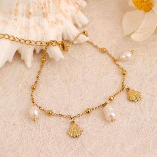 Dainty Gold Shell Pearl Charm Ankle Bracelet for Women Trendy non-Tarnish Adjustable Anklet Summer Beach Fashion Jewelry Gift - color: Pearl