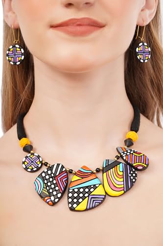 Bold Multicolor Geometric Terracotta Jewelry Set Hand-Painted Clay Necklace with Earrings | Artisan Handmade Statement Boho Jewelry for Women | Gift for Her - color: Boho Brunch