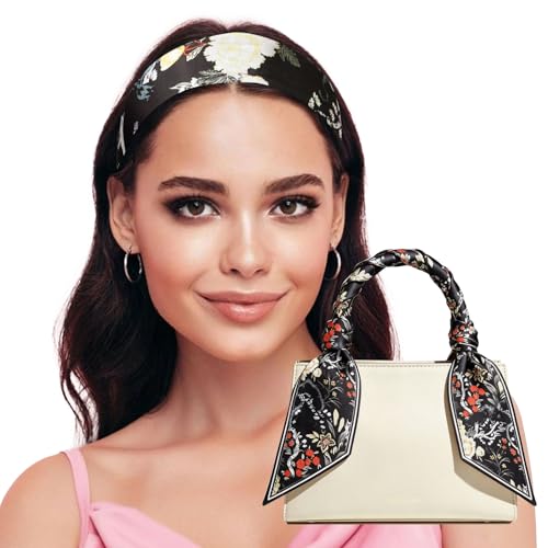 Sumolux Head Hair Scarf for Women Neck Purse Bag Handbags Scarf Like Silk - color: Black Colorful Flowers