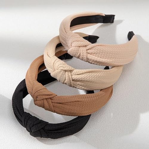 WOVOWOVO Knotted Headbands for Women, 4 Packs Wide Head Bands for Women's Hair Non Slip Boho Fashion Hairbands Top Knot Black Khaki Brown Hair Hoops Accessories - color: Neutral Color