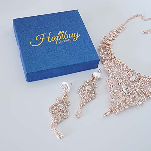Hapibuy Crystal Wedding Jewelry Set Necklace Earring Set For Women and Brides Rose Gold and Silver Bridal Statement Jewelry sets - color: rose gold