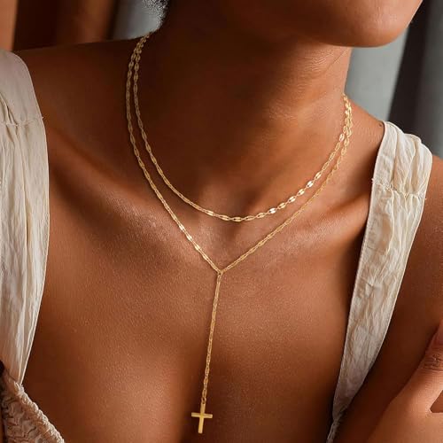 CHESKY Long Necklaces for Women, 14k Gold Plated/Streling Silver Lariat Necklace Dainty Statement Prom Necklace Rosary Cross Sun Drop Pendant Dangle Necklace Gold Prom Jewelry for Women Gifts - style: y necklace 15