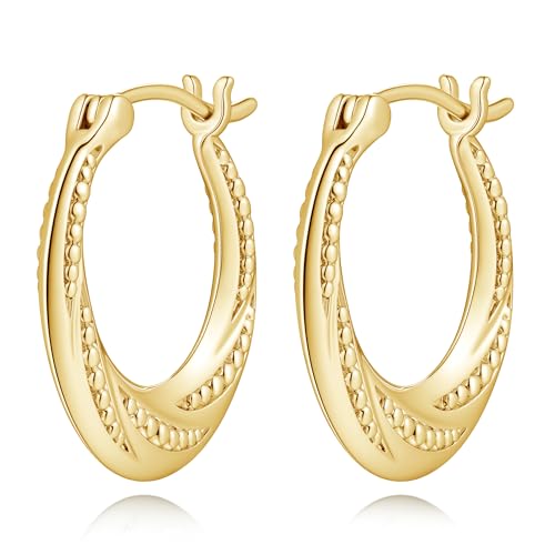 14K Gold Earrings for Women 14K Gold Hoop Earrings for Women Gold Hoop Earring for Womens Hoops Layered Textures and Subtle Bead Accents Hoops Earring for Womens 22/25 mm (25mm)