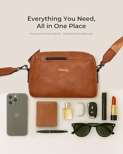 Alldaily Small Triple Zip Crossbody Purse for Women, Vegan Leather Phone Bag with Wide Shoulder Strap - color: Brown