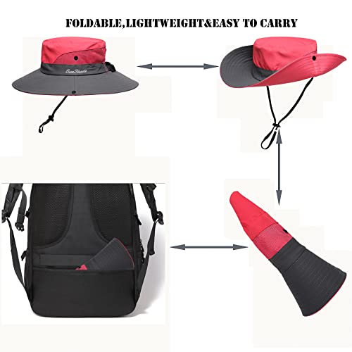 Womens Summer Sun Hat Beach Hat Wide Brim Outdoor UV Protection Hat Foldable Cool Mesh Ponytail Bucket Hat - color: Red-gray