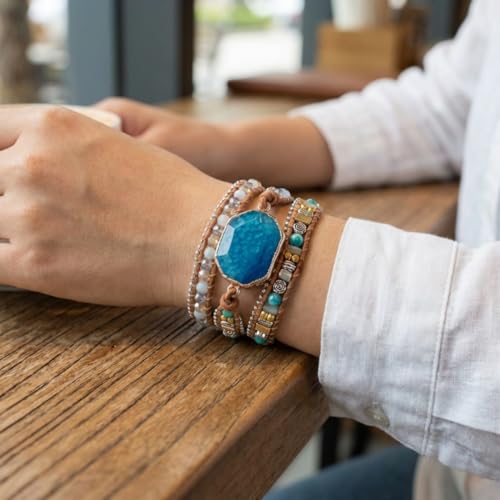 YGLINE Natural Stone Beaded Healing Wax String 5 Wraps Bracelets - color: blue agate