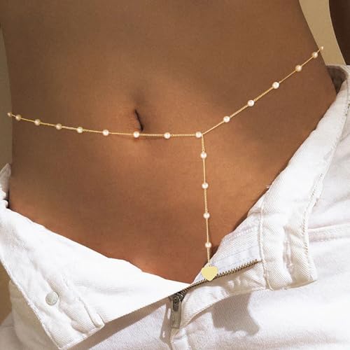 MFRYK 2PCS 14K Gold Plated Waist Chain Layered Pearl Cuban Beaded Satellite Figaro Belly Body Chain Boho Beach Waist Chains For Women Adjustable Waterproof Sexy Bikini Body Chain Jewelry For Women - style: Pearl Heart-Gold