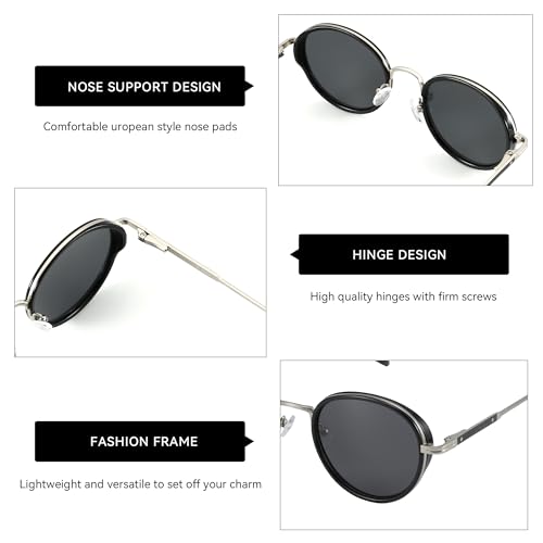 ZENOTTIC Retro Round Polarized Steampunk Sunglasses for Men Women-Circle Vintage Design Metal Frame UV400 Shades - color: C03 Silver Frame Grey Lens