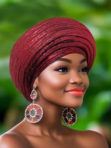 Woeoe African Head Wraps for Black Women Gold Pre Tied Headdress Wedding Turban Hats - color: Burgundy