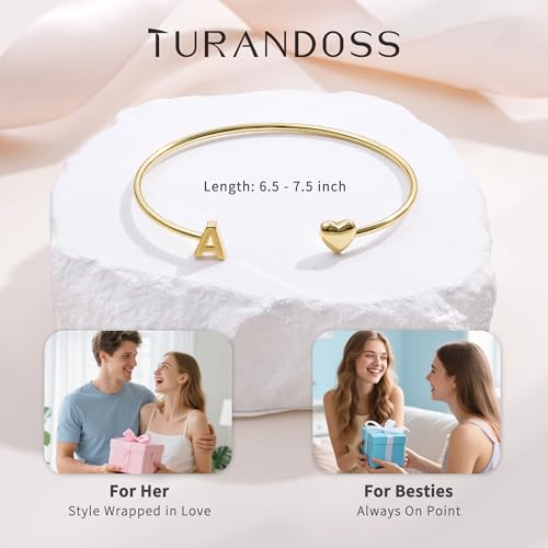 Turandoss Teen Girl Gifts Trendy Stuff - Dainty 14K Gold Plated Letter A-Z Initial Heart Cuff Bangle Bracelets, Gifts for Women Her Mom Daughter Sister Friend Teens Birthday Jewelry Gifts - color: A.