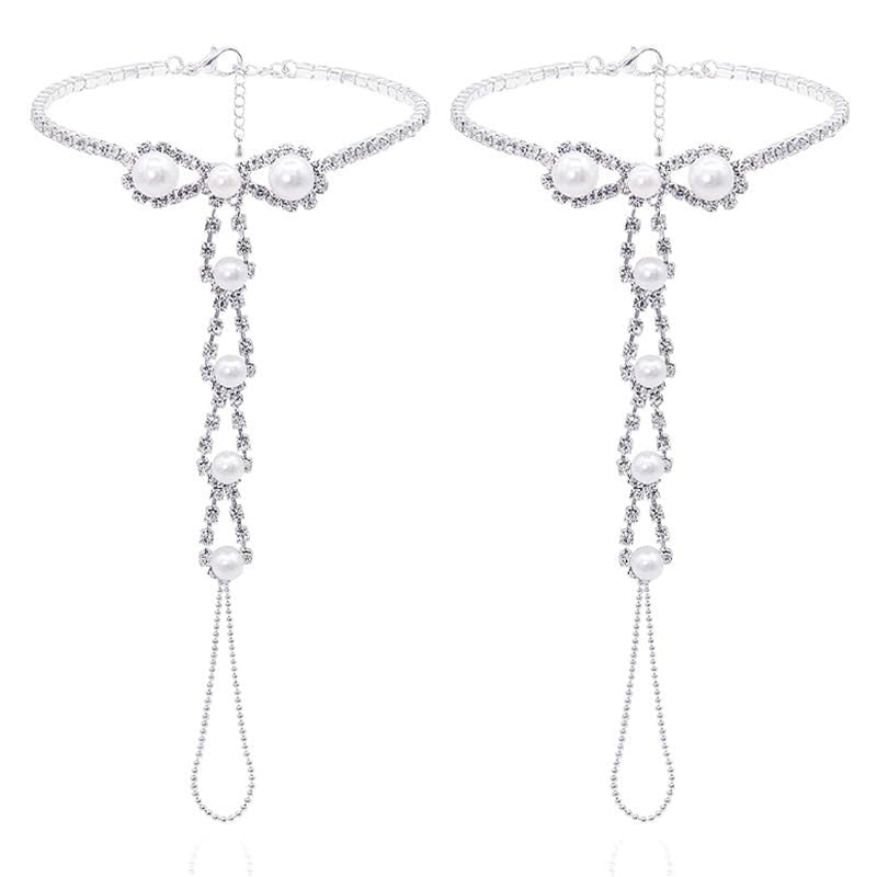 Bowknot Pearl Barefoot Sandals for Women Crystal Dainty Fashion Boho Sparkling Ankle Bracelet Rhinestones Silver Foot Chain With Toe Ring Bohemian Anklet Summer Beach Wedding Bridal Party Jewelry Gifts 1pair