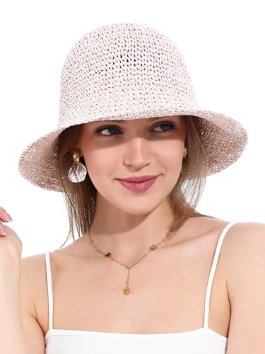 Womens Sun Hat Handmade Crochet Straw Bucket for Summer Foldable Travel Cap - color: Beige & Pink