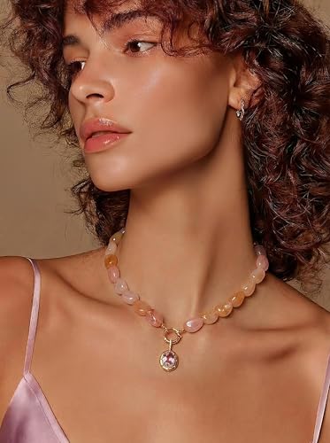 Multicolor Irregular Beaded Necklace for Women Chunky Resin Oval Bead Choker with Cubic Zirconia Pendant Summer Beach Mothers Day Gifts - color: XL23350C