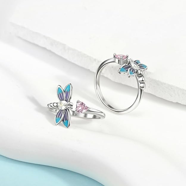 PARCOM Adjustable Women Stackable Ring, 925 Sterling Silver Open Rings - Trendy Eternity Cubic Zirconia Stackable Band Engagement Promise Ring for Her, Hypoallergenic Non Tarnish Nature Bird Floral Thumb Rings - color: Dragonfly Heart